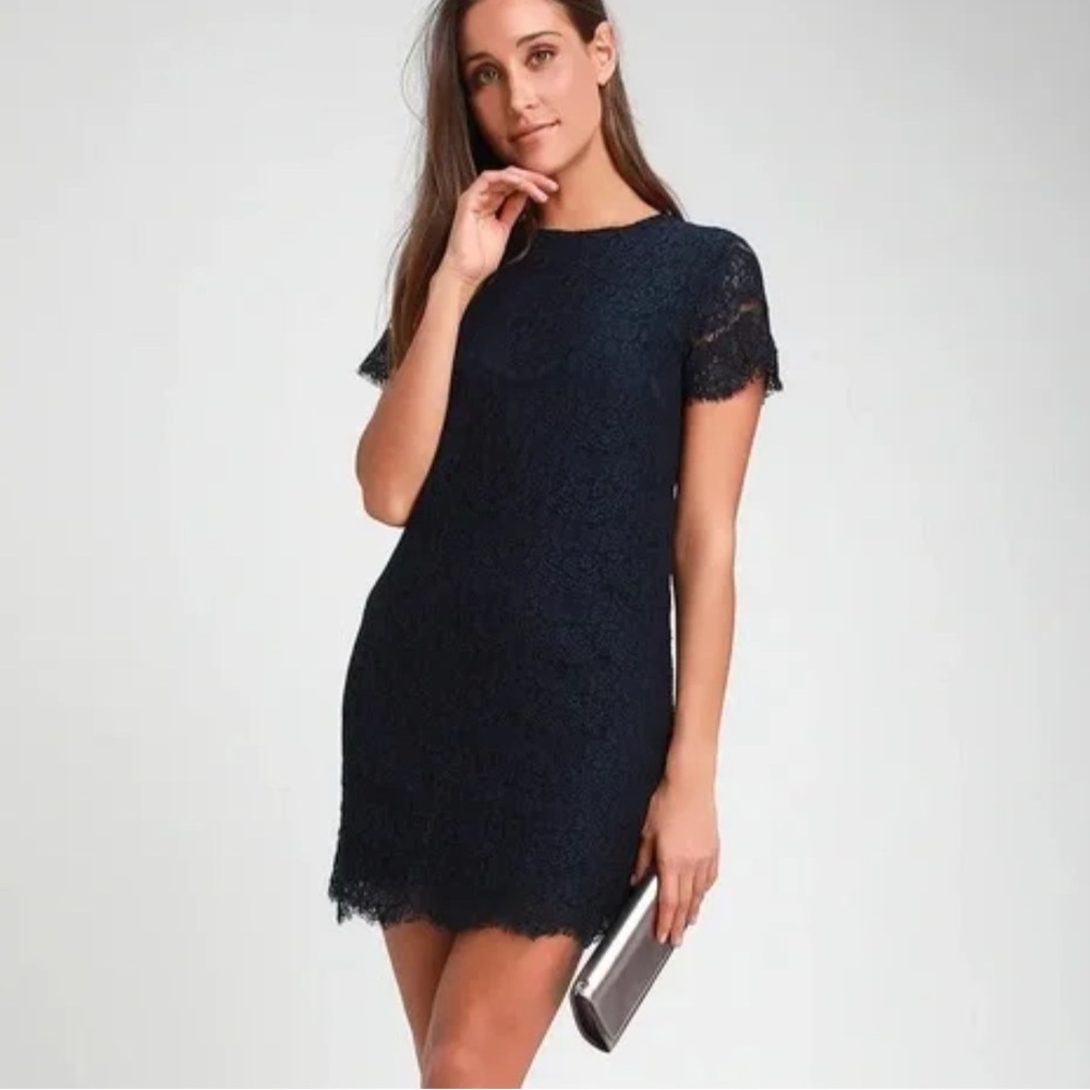 Lulus Take Me To Brunch Elegant Navy Lace Shift Mini Dress Size Small